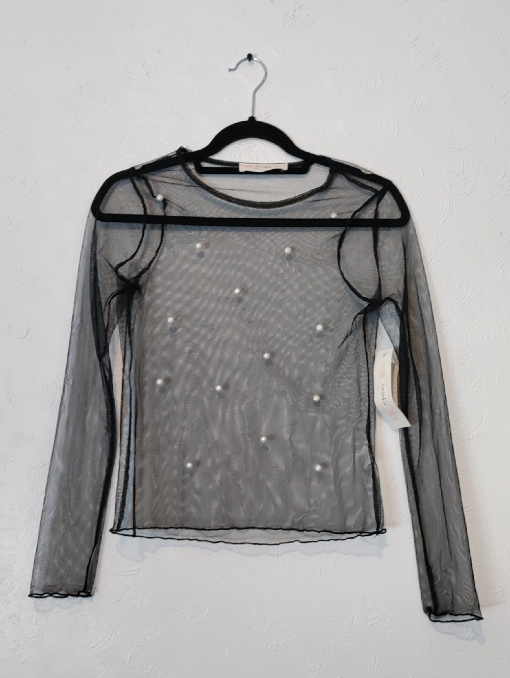 Twinkle by Wenlan Black Sheer Pearl-Embellished Long Sleeve Top